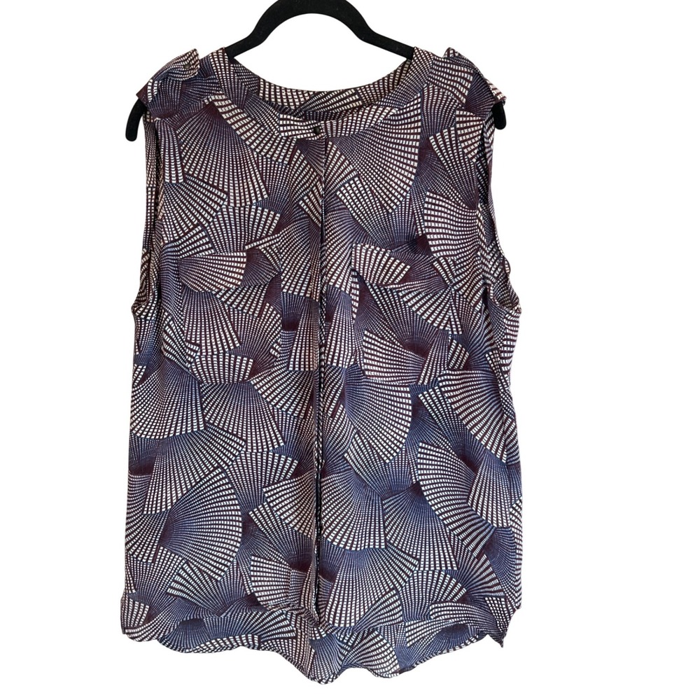 A.L.C. Womens Silk Sleeveless Blouse Geometric Fan Print Burgundy Navy Size M